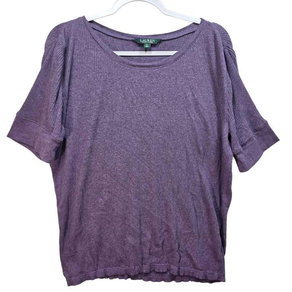 Lauren Ralph Lauren Ribbed Top Womens 2X Scoop Neck Heather Purple Short Sleeve